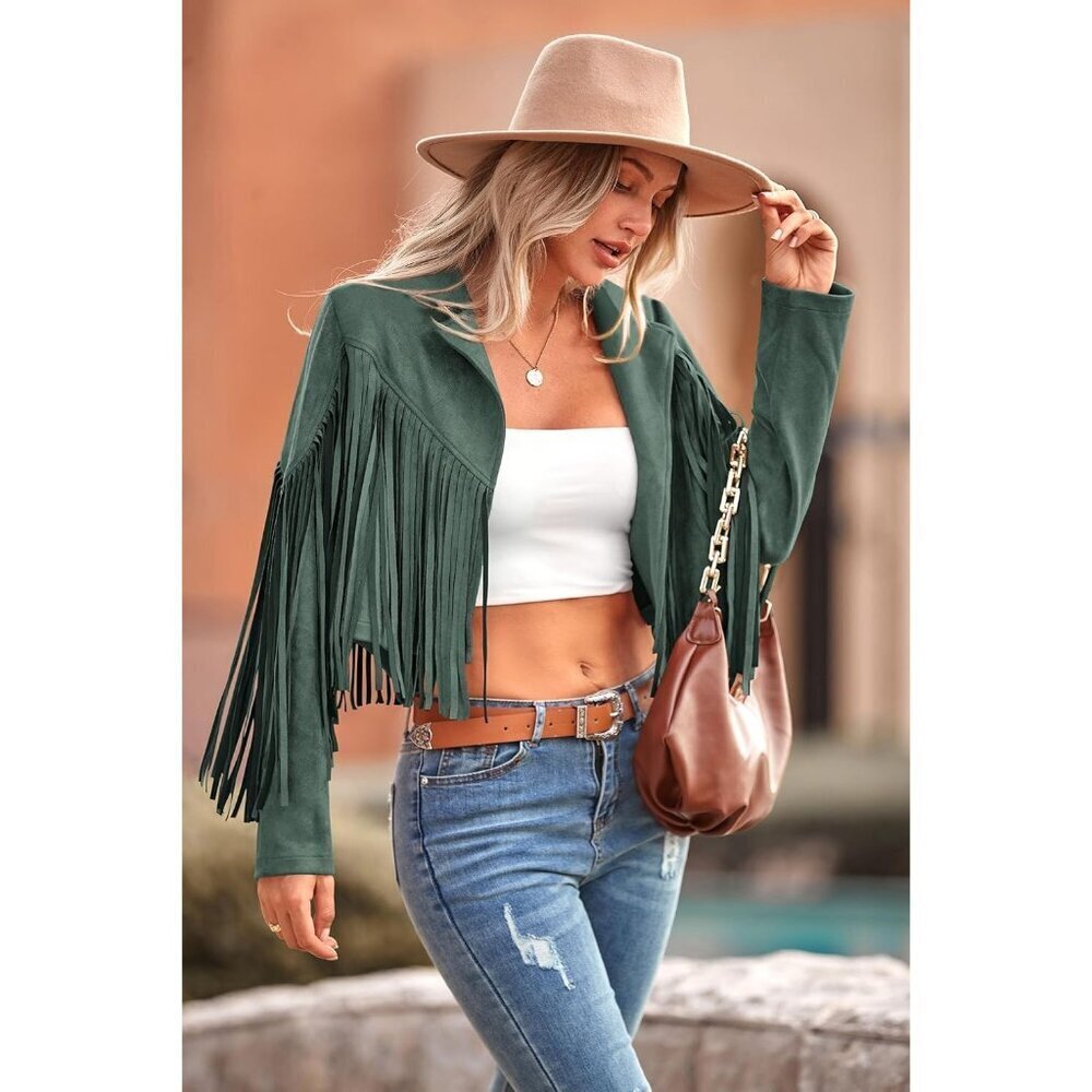 🆕Women's Green Fringe Faux Suede Leather Jacket Tassel Cropped Fal 2025 Coat - Picture 4 of 9